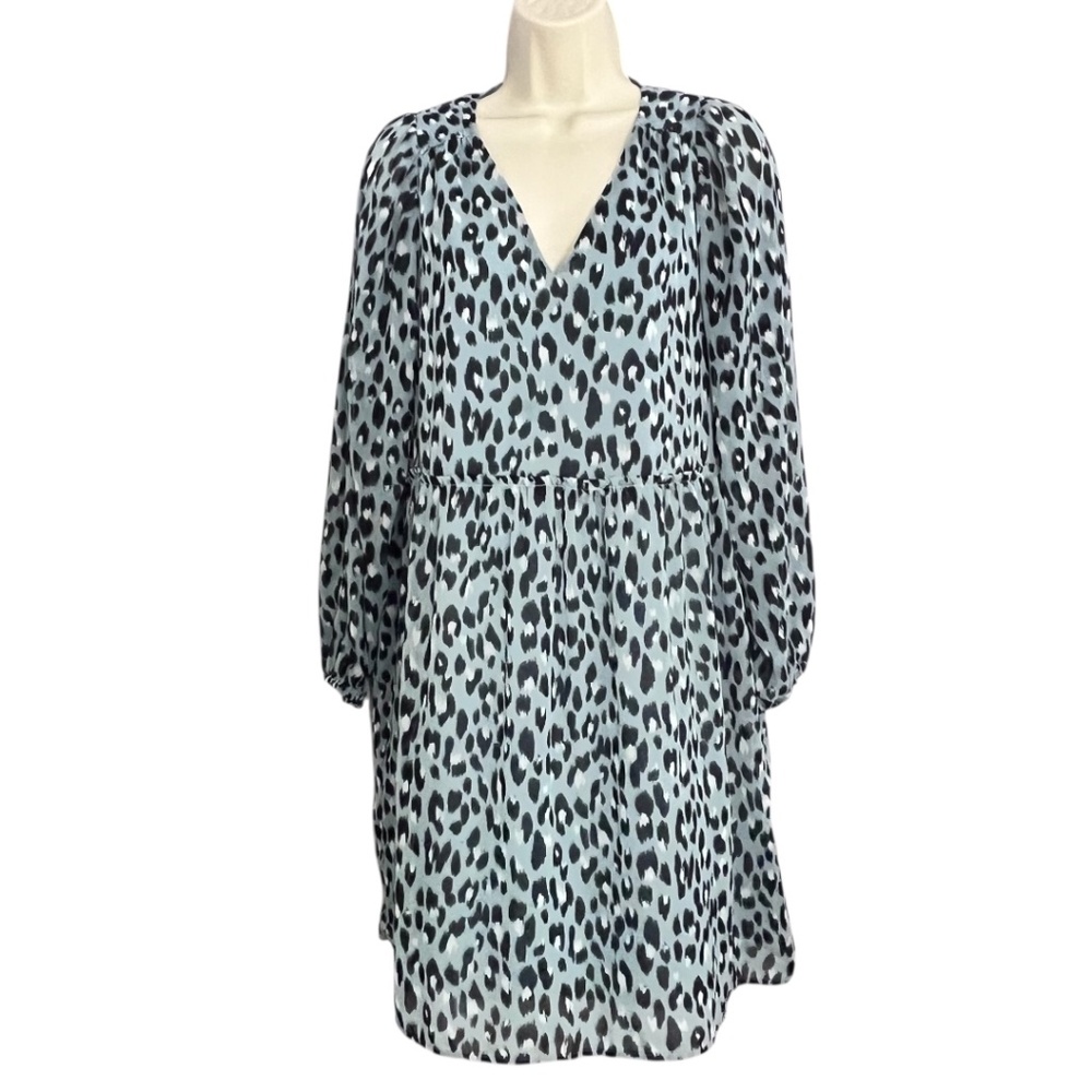 Ann Taylor Loft Blue Leopard Print Mini Dress Lightweight Long Sleeves Small - Picture 2 of 8
